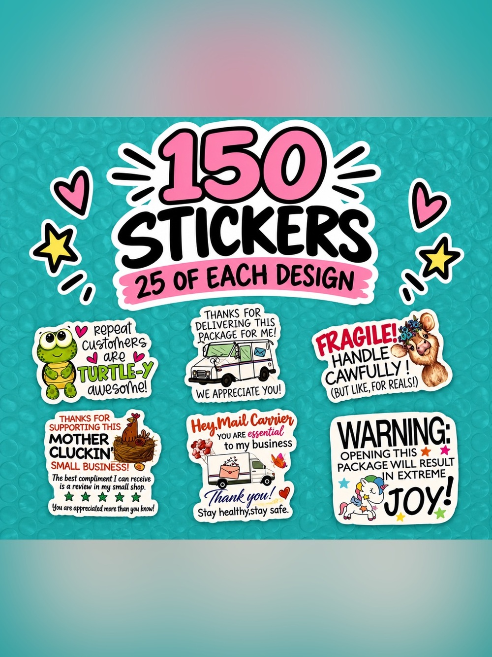 150 Pack Cute Mailer Stickers 25 of each design